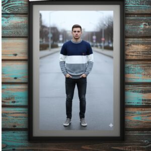 Male cardigan dark blue, white and gray